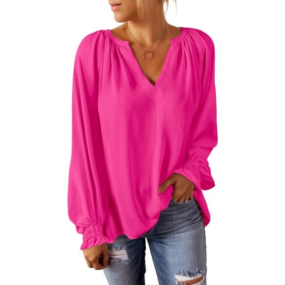 Women Hot Pink Color Smocked Long Sleeve V Neck Casual Chiffon Shirt Top - Picture 3 of 4